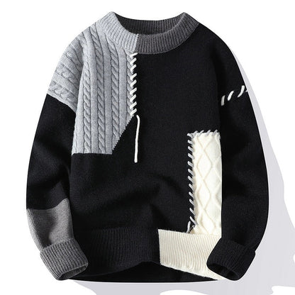 Men's Colorblock Pullover Sweater in green, orange, and grey for winter fashion