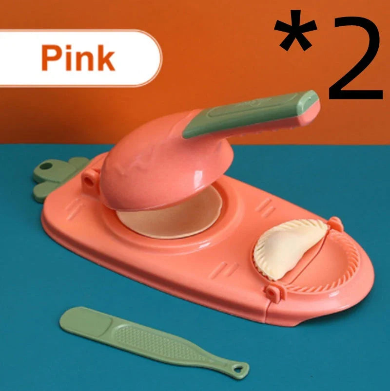 A versatile 2-in-1 kitchen tool for easily pressing dough and forming perfect dumplings, made of durable, food-grade plastic with an ergonomic handle and hanging hole for convenient storage.