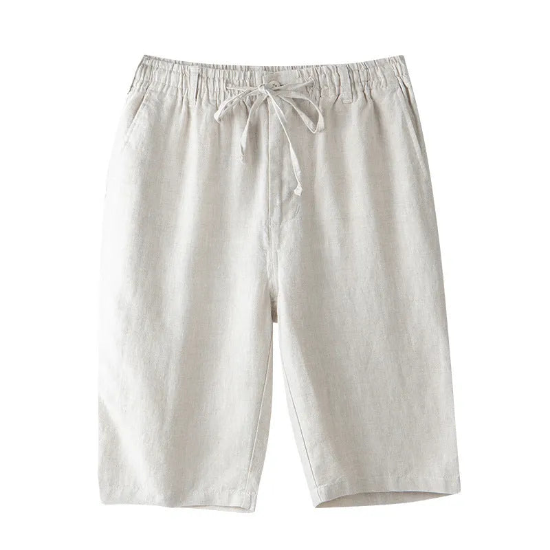 Men's loose-fit linen beach capri trousers in a straight-leg style, shown in a light colour.