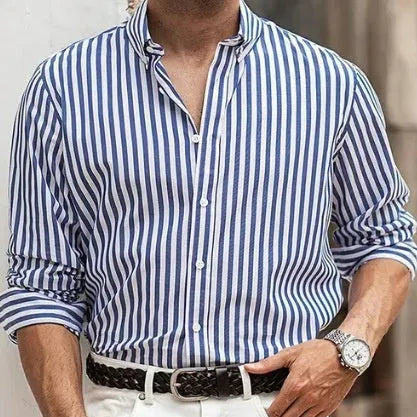 Men's loose fit striped casual button shirt in polyester fabric with cardigan style