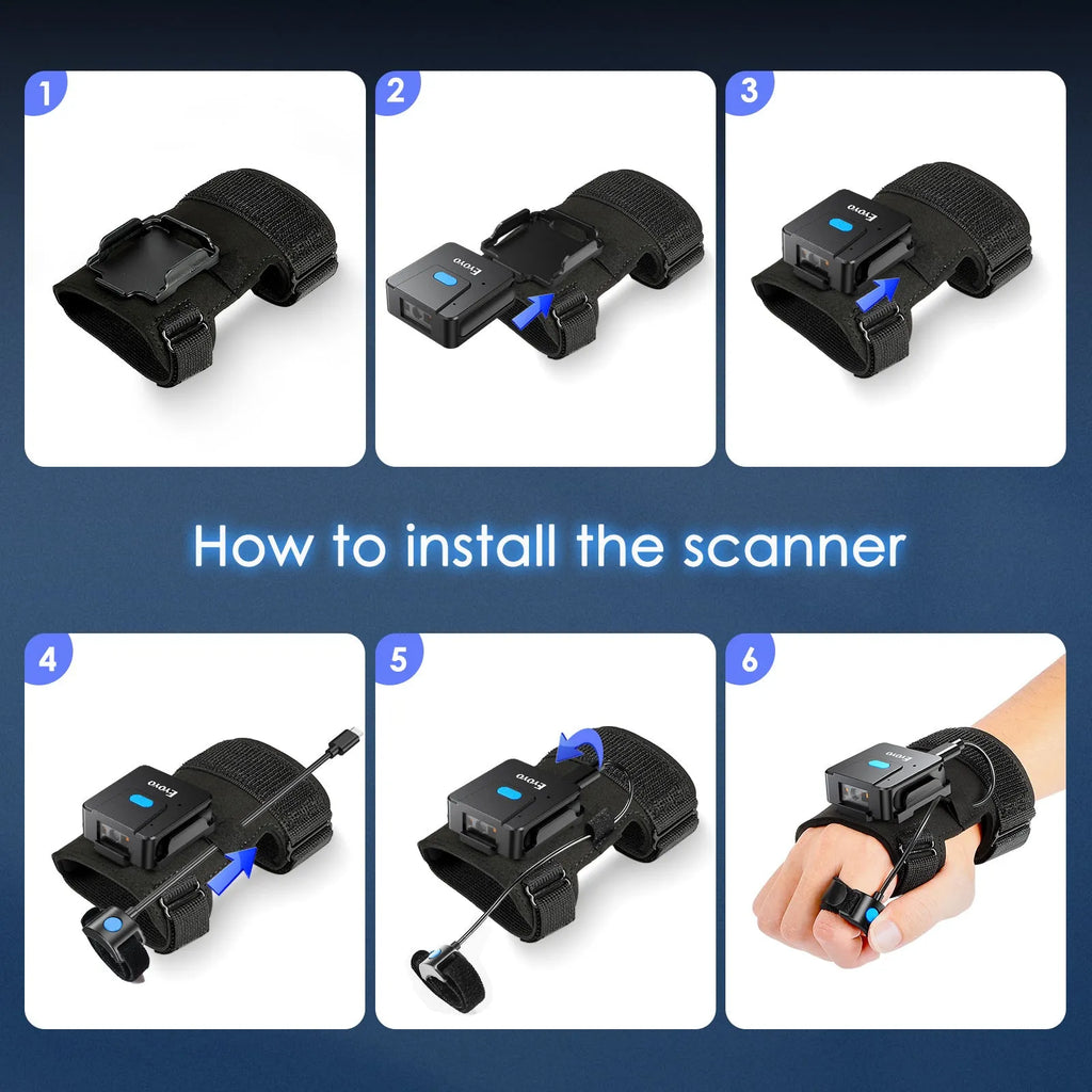 Portable wrist-worn barcode scanner glove with integrated handheld gun and Bluetooth wireless unit.