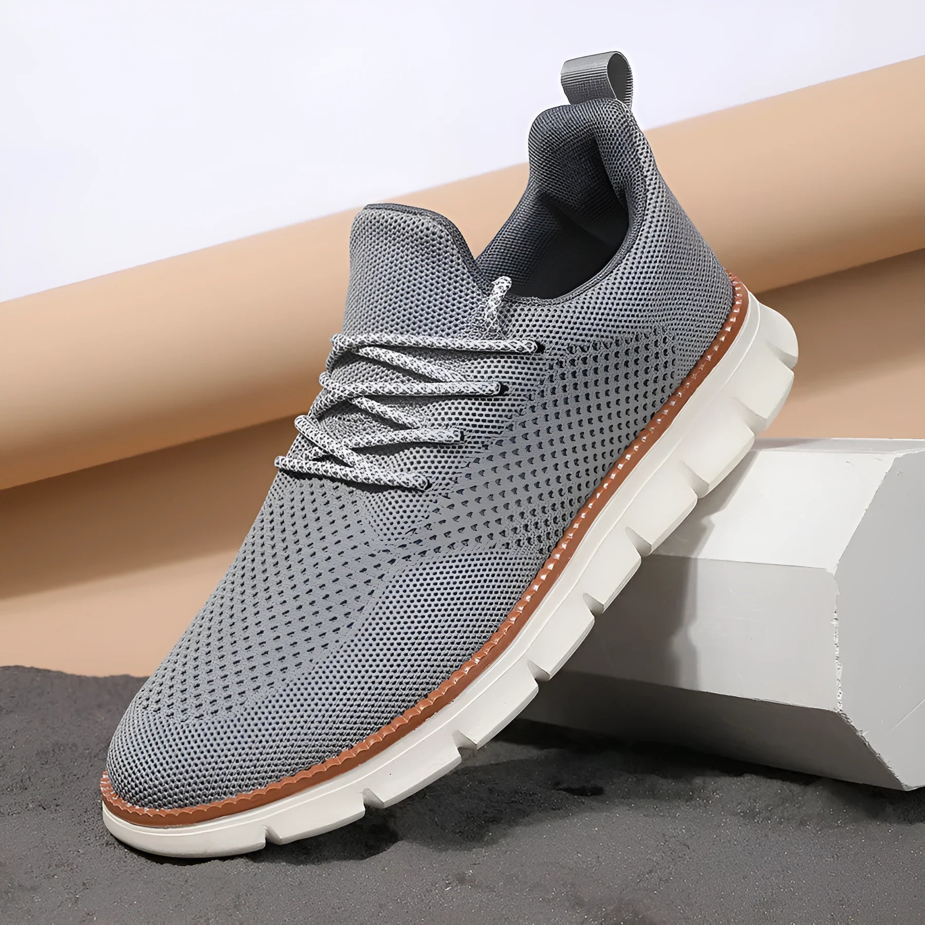 Men's grey and black mesh fabric casual sneakers with round toe and low heel