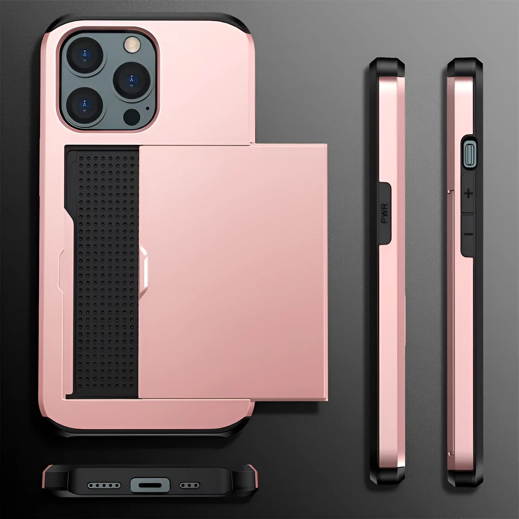 Matte mobile phone case with a sliding card cover open, showing card slots, for iPhone.