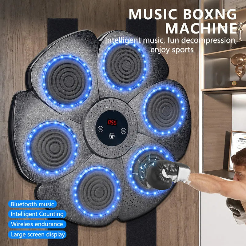 Black smart music boxing wall target with lights, paired with half-finger boxing gloves.