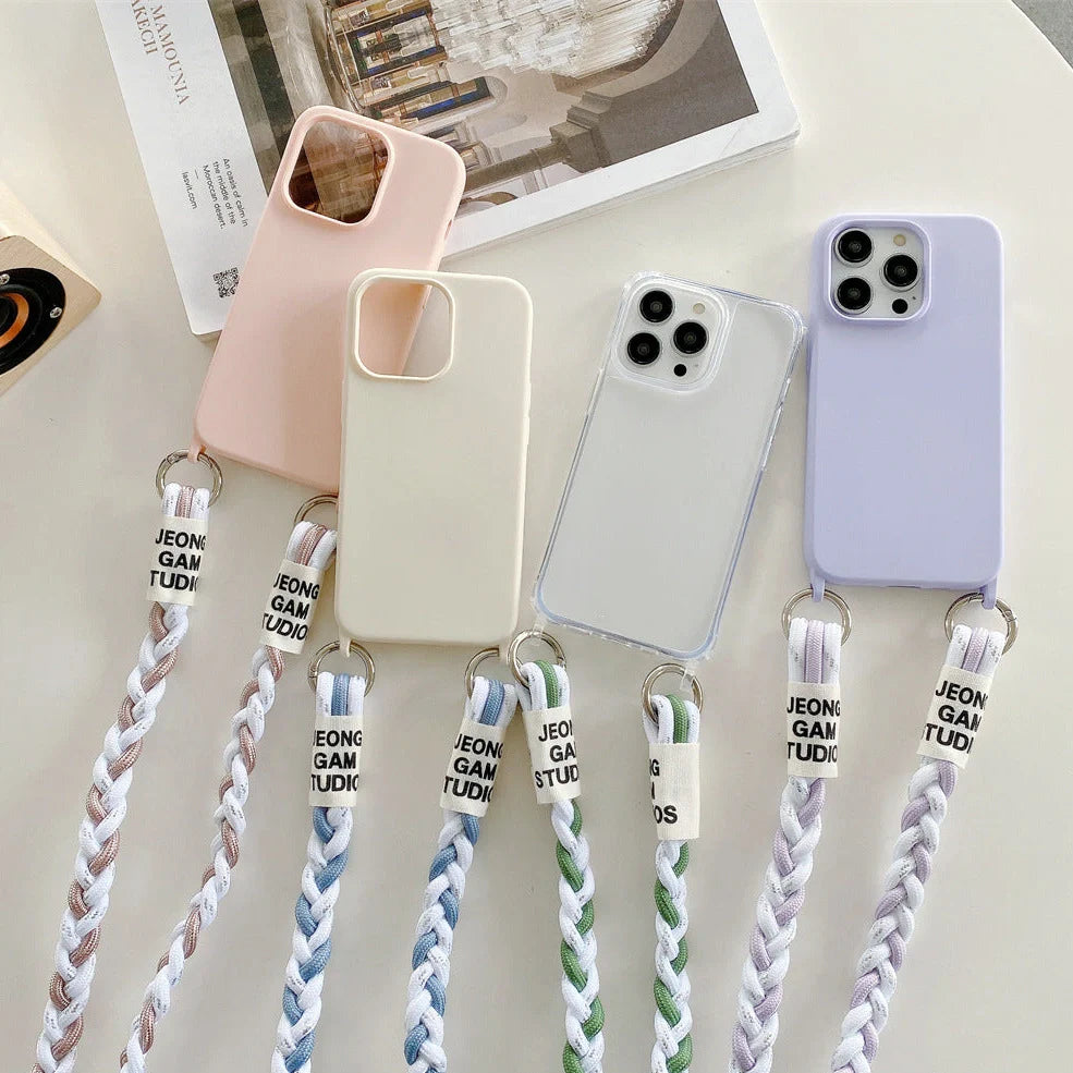 Woven fabric silicone phone case with cross-body lanyard in pink, purple, or antique white colours