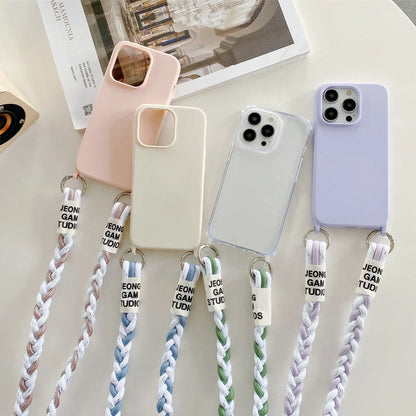 Woven fabric silicone phone case with cross-body lanyard in pink, purple, or antique white colours