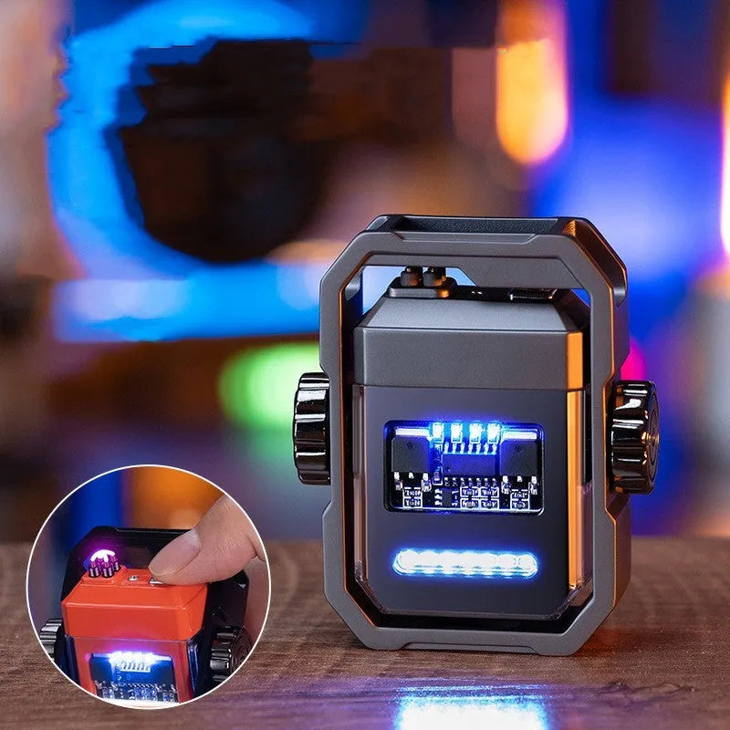 Pulse electric lighter showing windproof double plasma arc and integrated mechanical gyroscope toy in zinc alloy body.