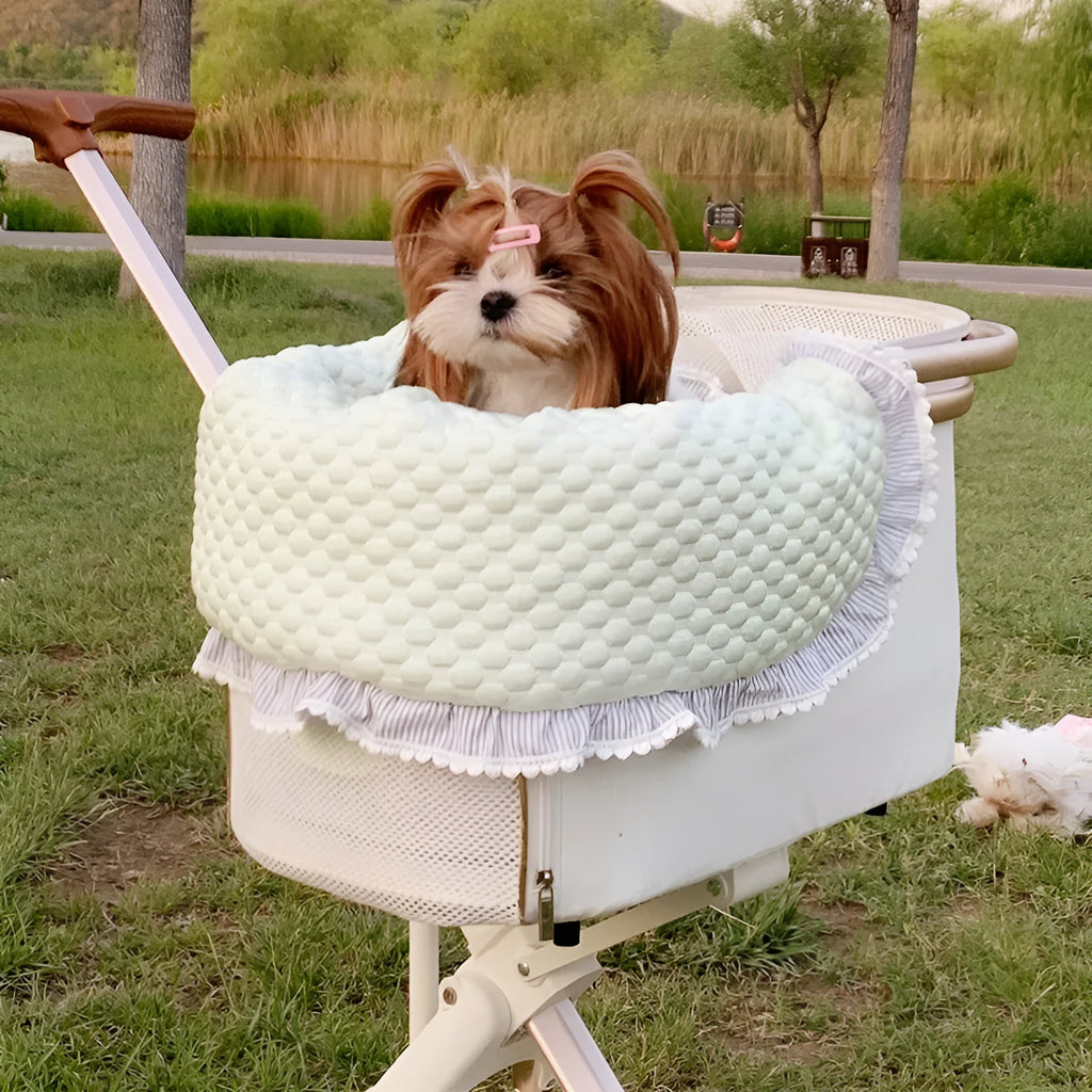 Cotton pet stroller pad set showing anti-dirty towel, cushion and pillow components