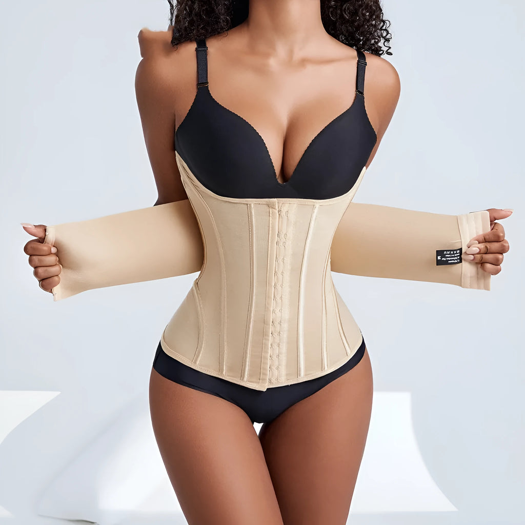 Black nylon waist training slimming belt laid flat, showing adjustable strap.