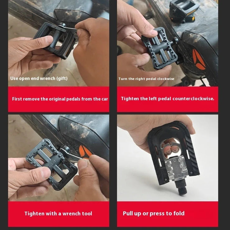 Aluminium alloy folding bike pedals showing extended and folded positions with colour pairing options