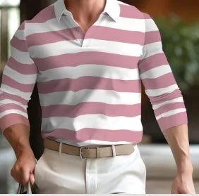 Men's loose retro button long sleeve pullover top on a hanger.