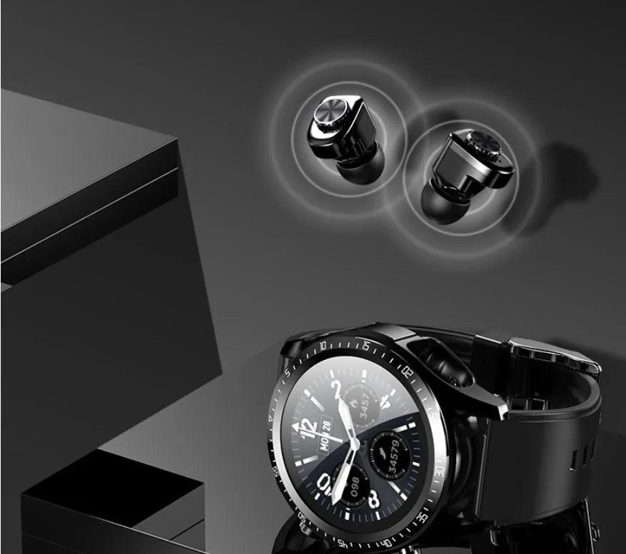 Black smartwatch with silicone strap showing blood pressure and SpO2 readings on its screen.