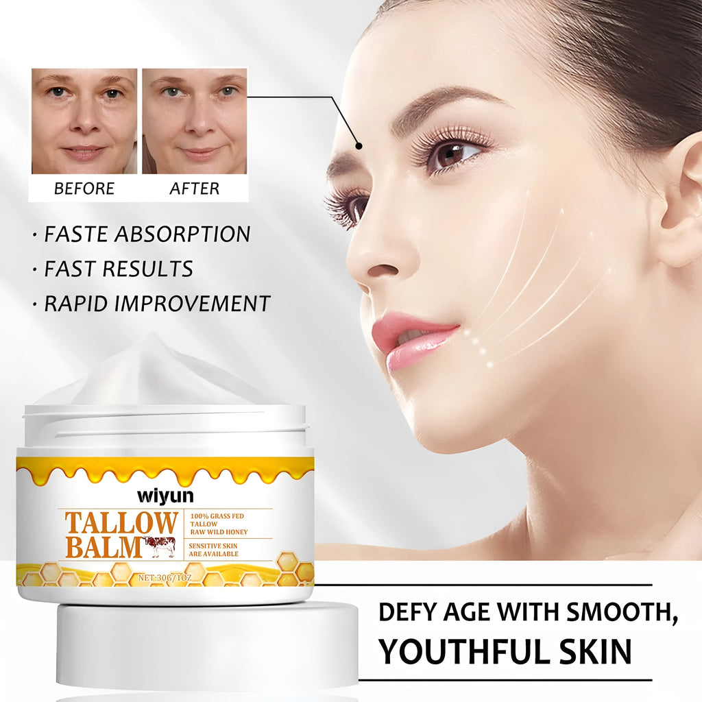 30g anti-wrinkle moisturising skincare cream jar with tallow, honey, vitamin E, and glycerin on white background