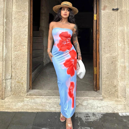 Chic slit maxi dress in various vibrant colors, featuring a high-waisted silhouette and flirty slit detail for a flattering and stylish summer look.