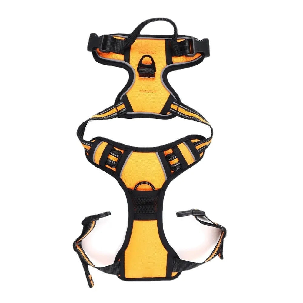 Adjustable outdoor dog chest strap harness made of Oxford cloth in various colours with a D-ring.