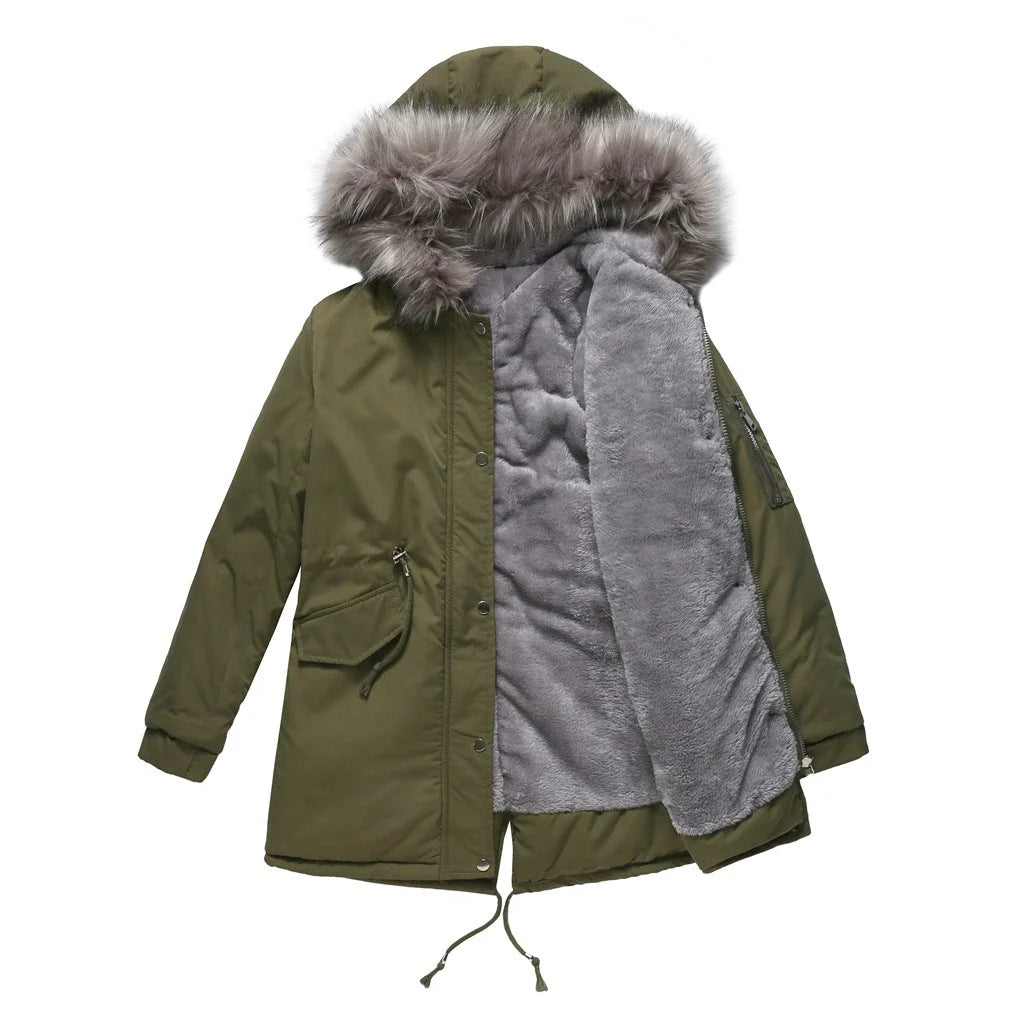 Mid-length hooded parka in various colours, featuring cotton padding for warmth