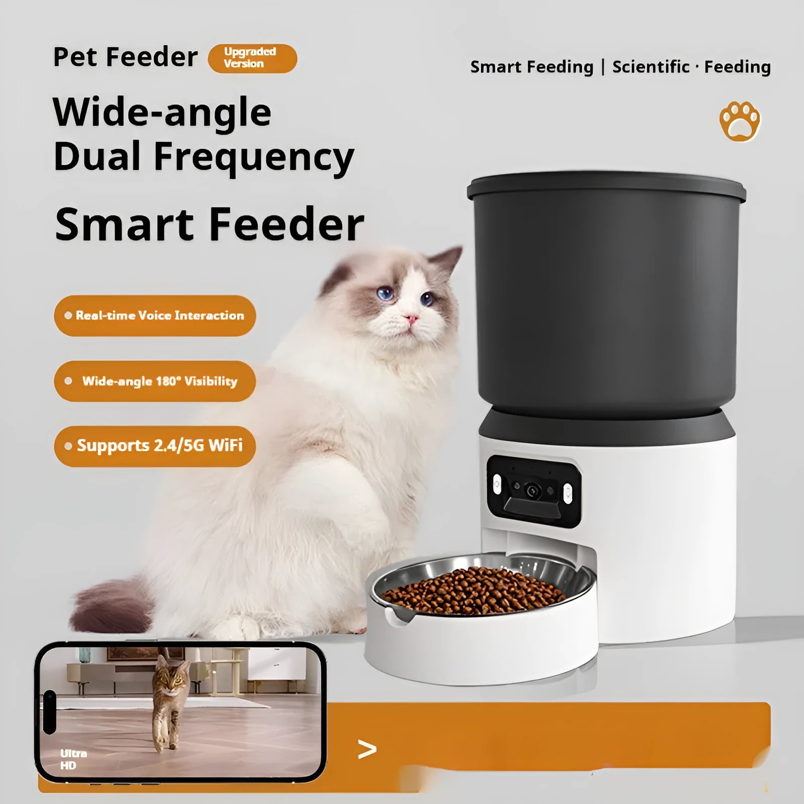 4-litre smart pet feeder with smartphone app showing remote control and video feed.