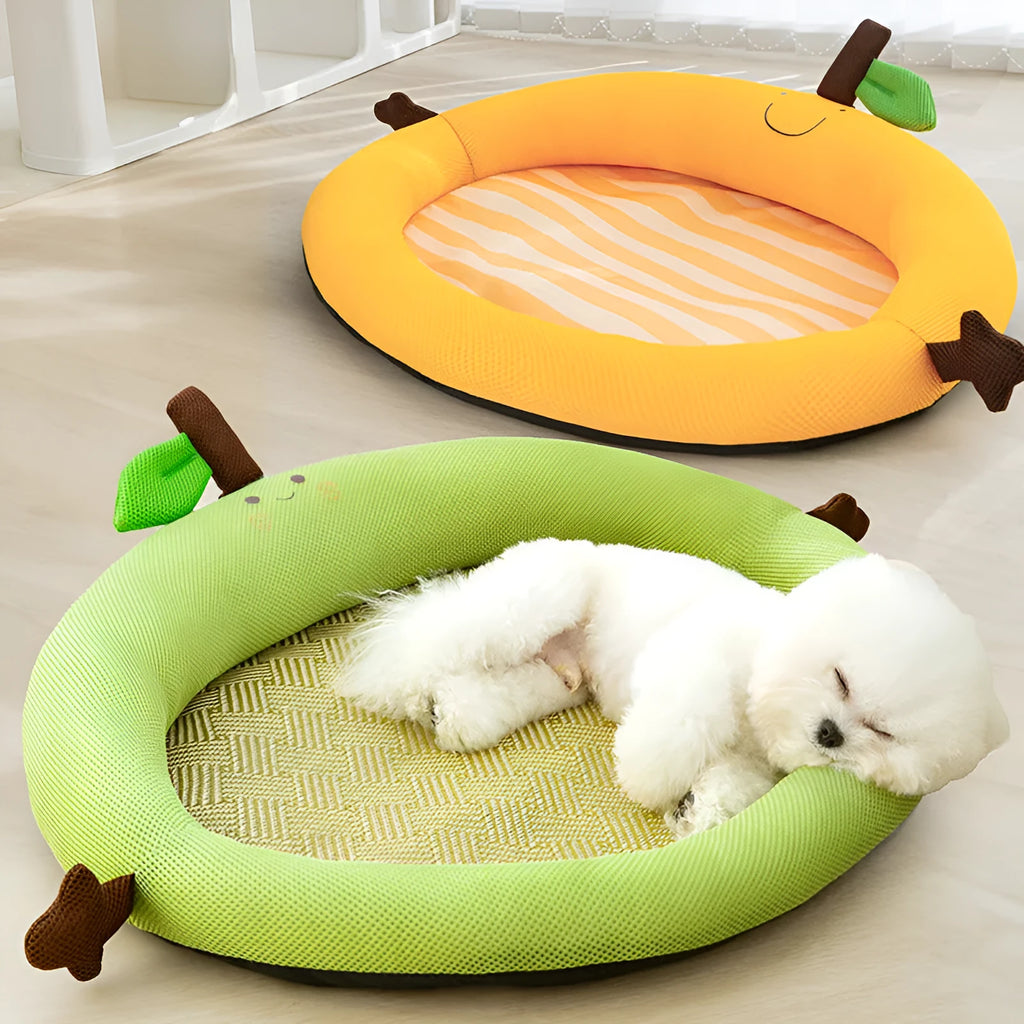 Green fruit backrest pet cooling mat nest bed for large dogs on a wooden floor.