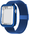 Silver magnetic Milanese metal band for Apple Watch on a wrist, showing the clasp.