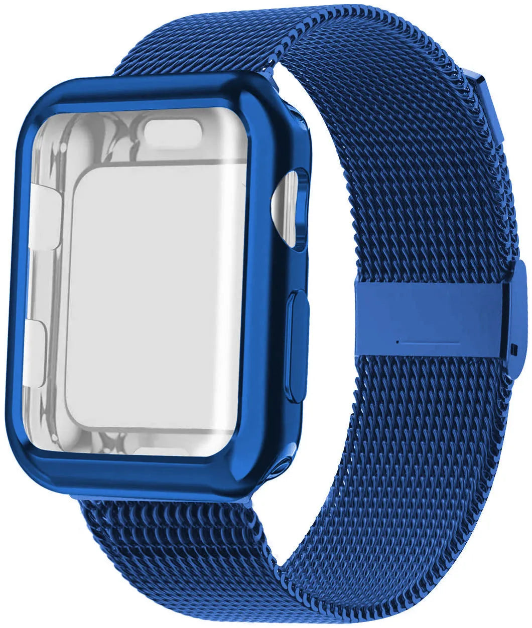 Silver magnetic Milanese metal band for Apple Watch on a wrist, showing the clasp.