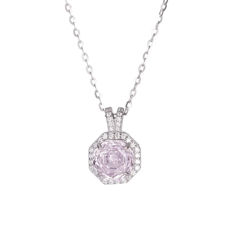 925 silver octagonal rose cut zircon collarbone chain necklace on model, platinum-white electroplated finish