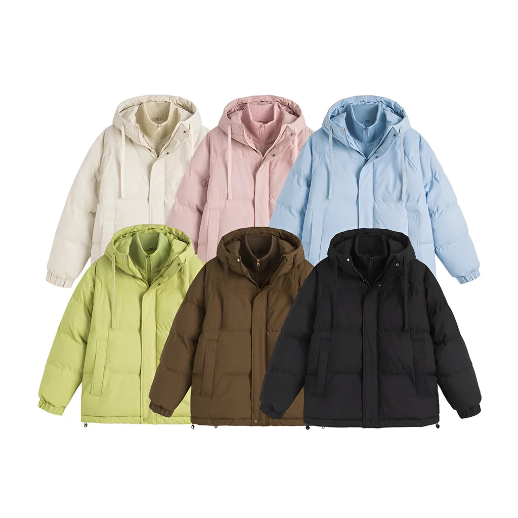 Loose beige winter cotton-padded coat with side pockets on a hanger