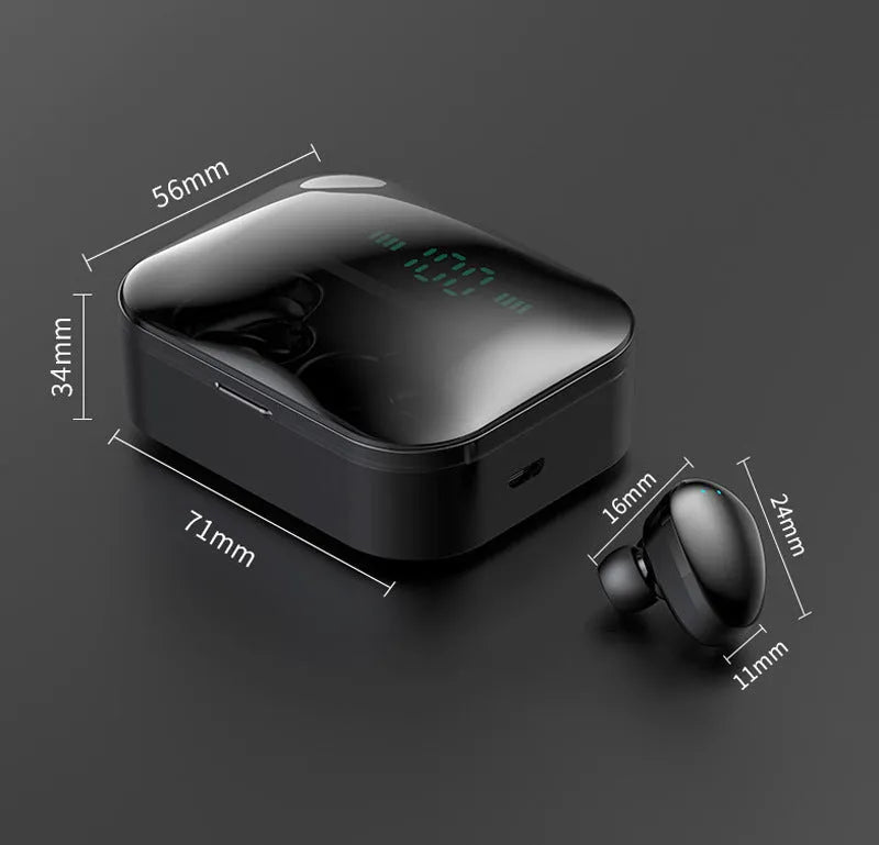 X7LED black and white sports Bluetooth in-ear headphones with charging compartment showing LED display