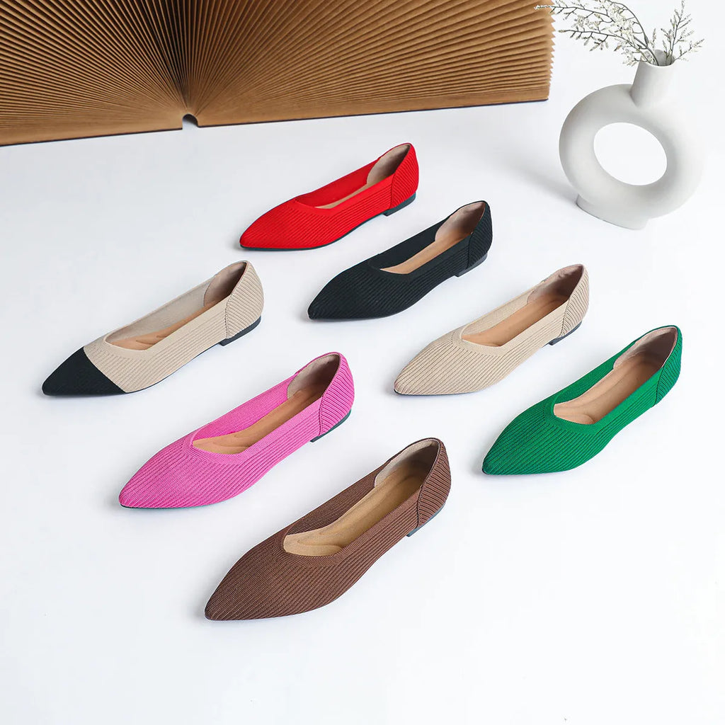 Women's flat heel knit pumps with pointed toe in multiple colours