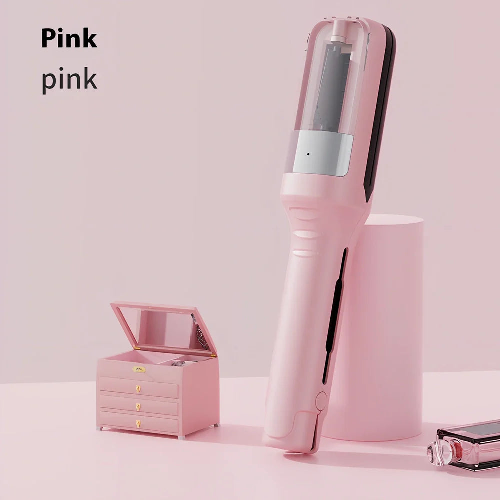 Cordless beige hair ends trimmer with 1/4-inch fixed cut, USB cable, comb and pillows for split end removal