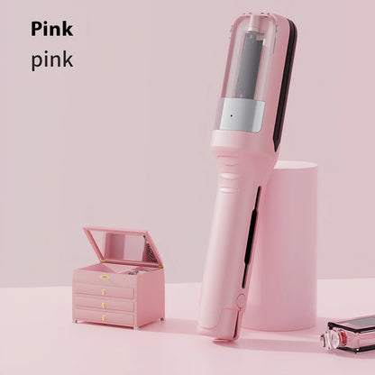 Cordless beige hair ends trimmer with 1/4-inch fixed cut, USB cable, comb and pillows for split end removal