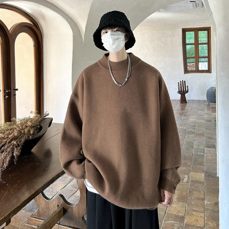 Men's loose fit round neck polyester sweater in solid colour for spring and autumn casual wear