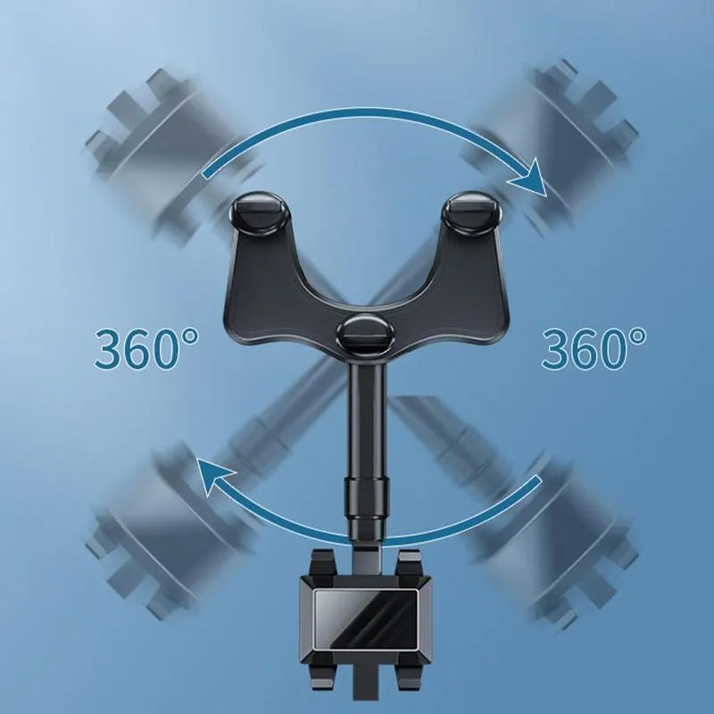 Black rearview mirror car phone holder with four-claw grip and adjustable arm mounted on a car mirror.