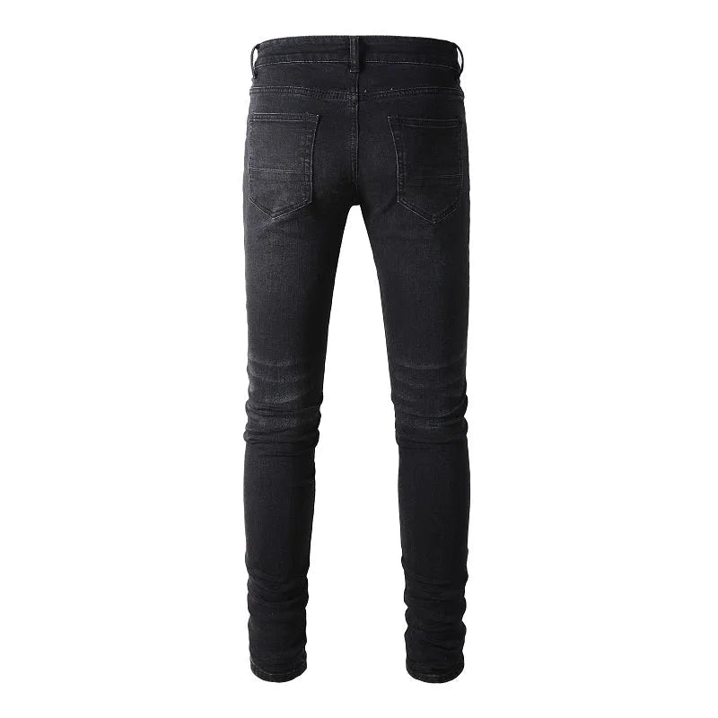 Slim fit black jeans for men, collated grey white dyed elastic denim, cotton 98% spandex 2%