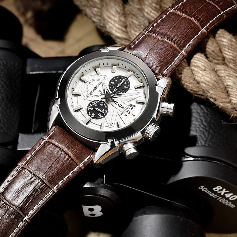 Men's multifunctional quartz chronograph watch with three-eye display and luminous markers