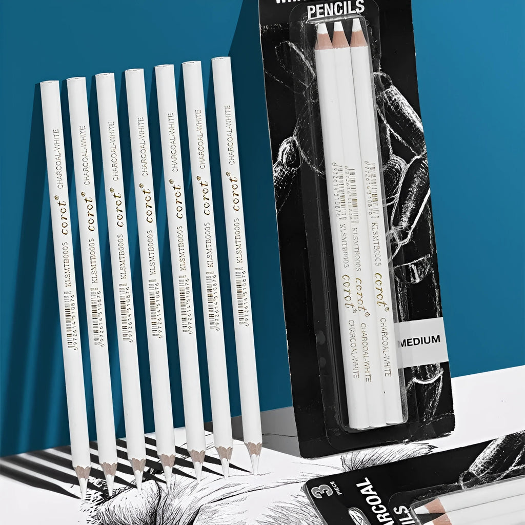 Three white charcoal highlighting pencils with wooden casings for sketching on dark paper