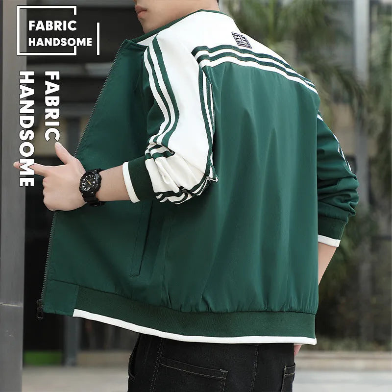 Men's plus size Korean style fitted stand collar long sleeve plain polyester casual jacket in green