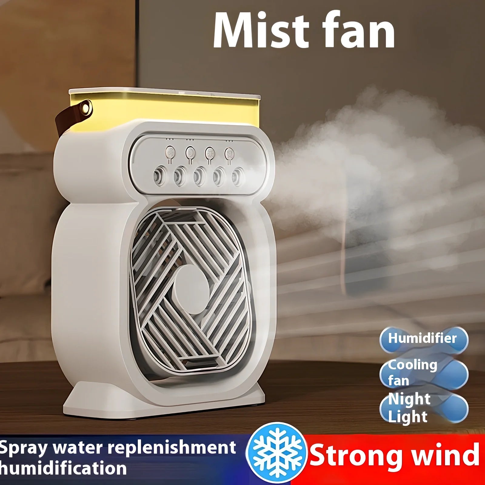 Black 3-in-1 portable USB air cooler with 7-colour LED lights, 170x75x240mm, showing water tank and speed controls