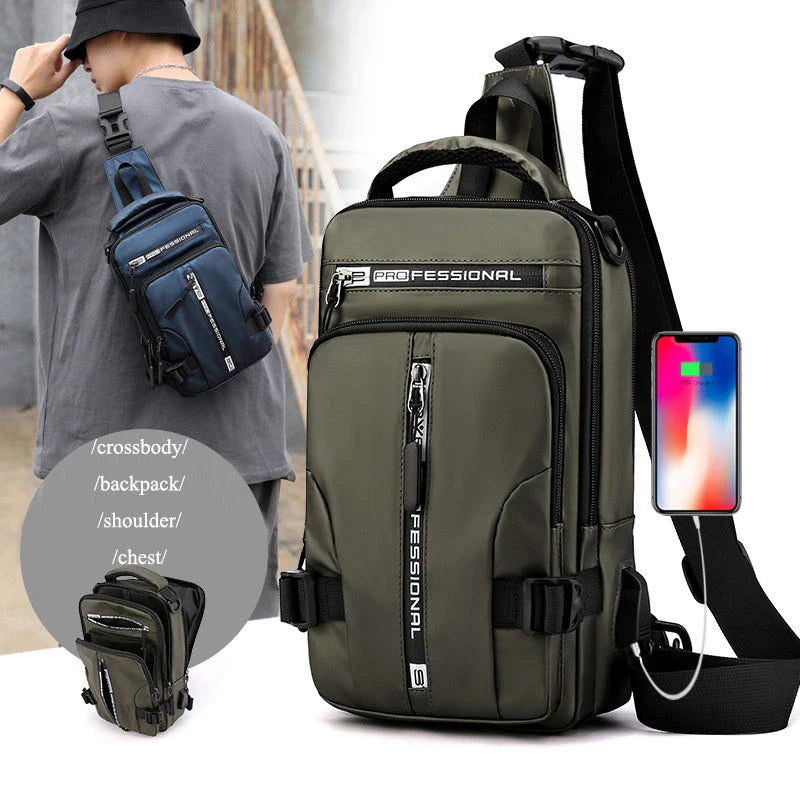 A versatile crossbody backpack for men with multiple pockets and a sleek, square profile for convenient, hands-free carry