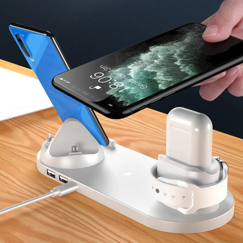 6 in 1 wireless charger for iPhone and watch, fast charging pad in black, compact 23cm design