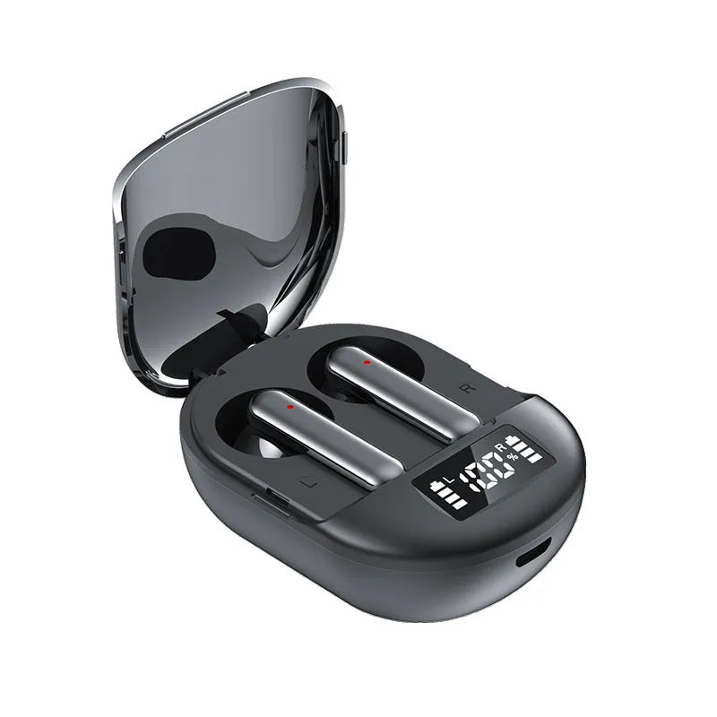 Black and white wireless Bluetooth earbuds with digital display charging case.