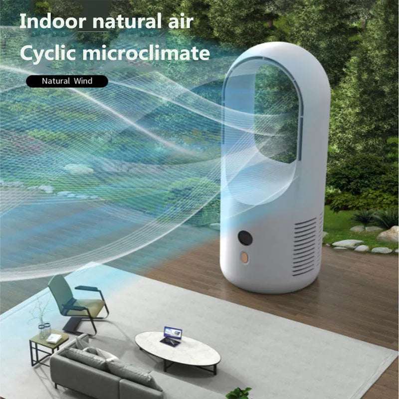 A compact white bladeless desk fan with an LED display, showing its dimensions and safe, blade-free air outlet.
