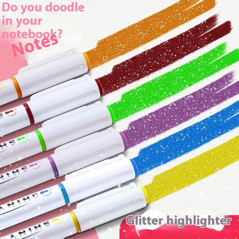 Star River glitter fluorescent highlighter pen set showing six glitter ink colours and slanted nibs
