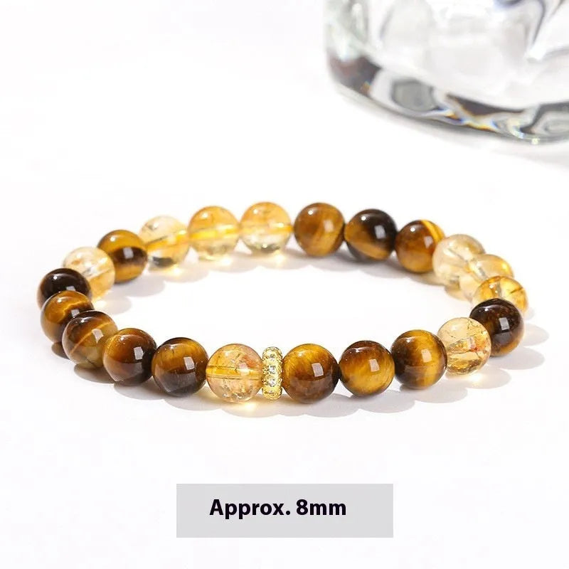 Natural yellow tiger eye stone and tower crystal bracelet with 8mm round beads in geometric design