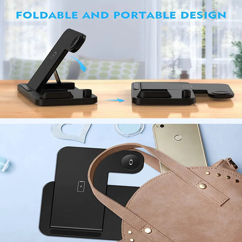 Black four-in-one wireless phone charger with QC3.0 charging head for multiple device charging