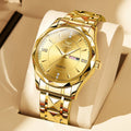 Stainless steel double calendar men's watch with round dial and metallic strap, gold and white colour option