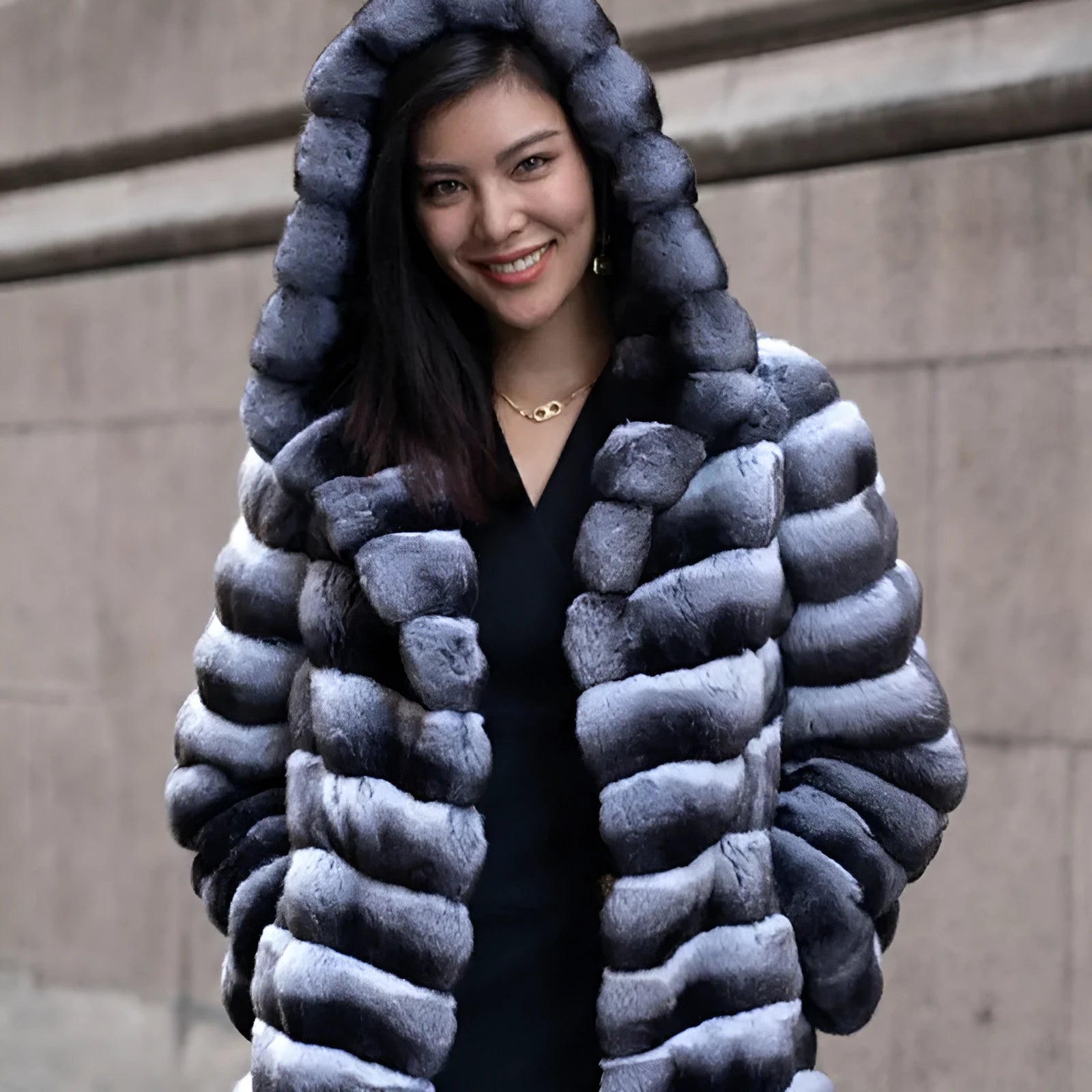 Women's zebra stripe artificial mink fur overcoat, mid-length design with regular sleeves
