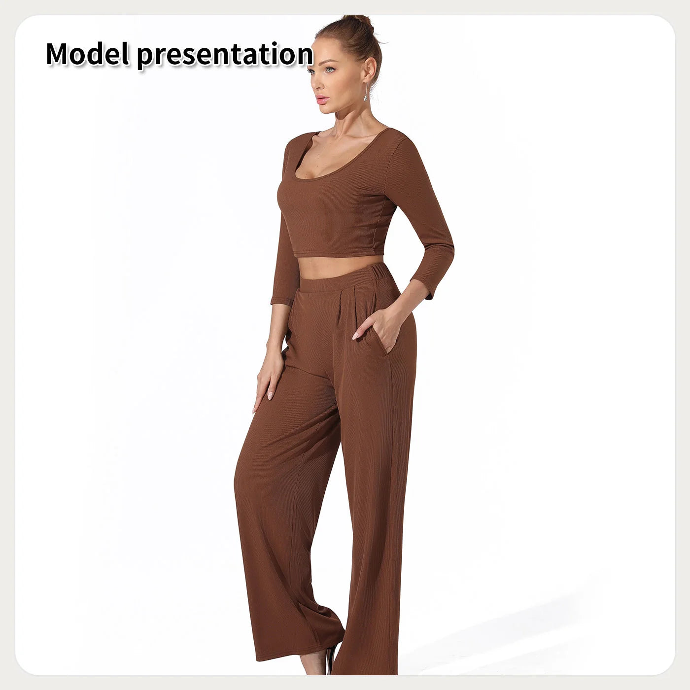 Women's solid colour top and pants set in black or coffee, perfect for versatile styling.