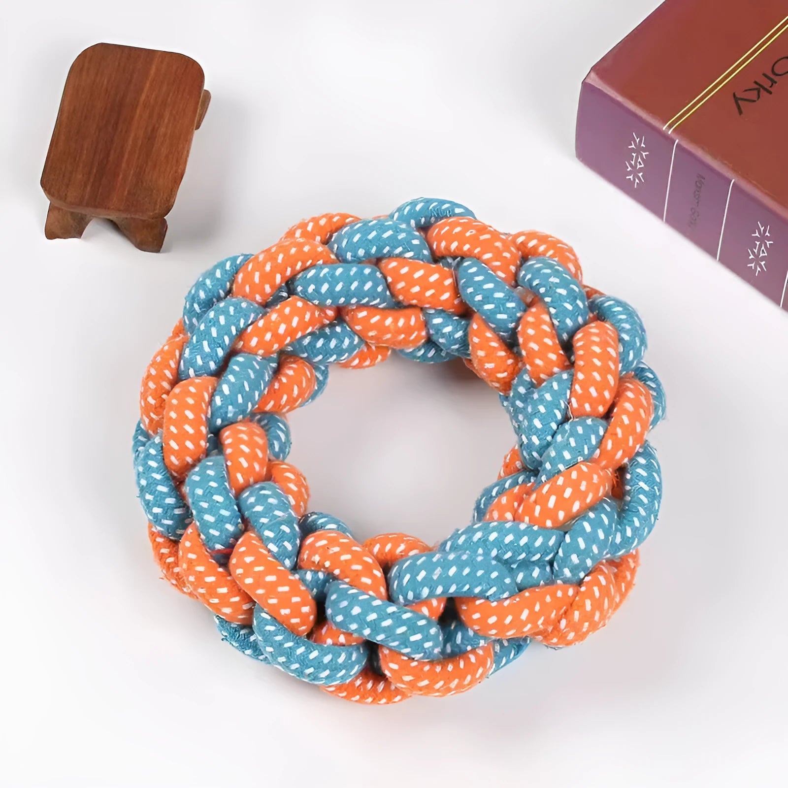 Cotton string braided ring dog chew toy measuring 18cm with knotted texture