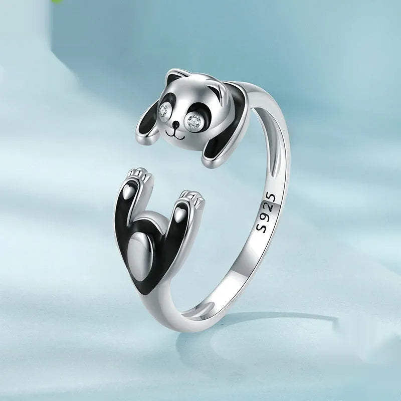 Adjustable panda open ring in sterling silver with white gold plating and SCR969-E colour