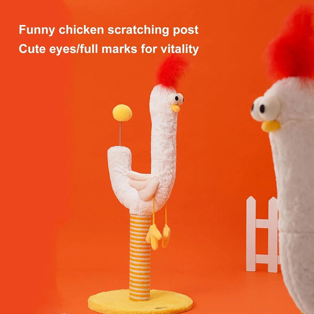 Yellow sisal vertical cat scratching post with chicken strip design and spring ball